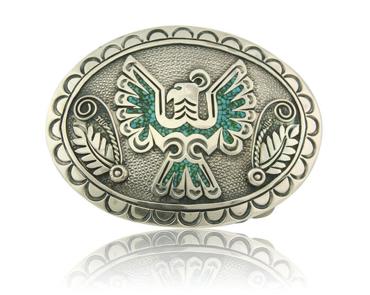 Vintage Navajo Belt Buckle 925 Silver Inlaid Eagle Turqouise Signed Stanley Bain