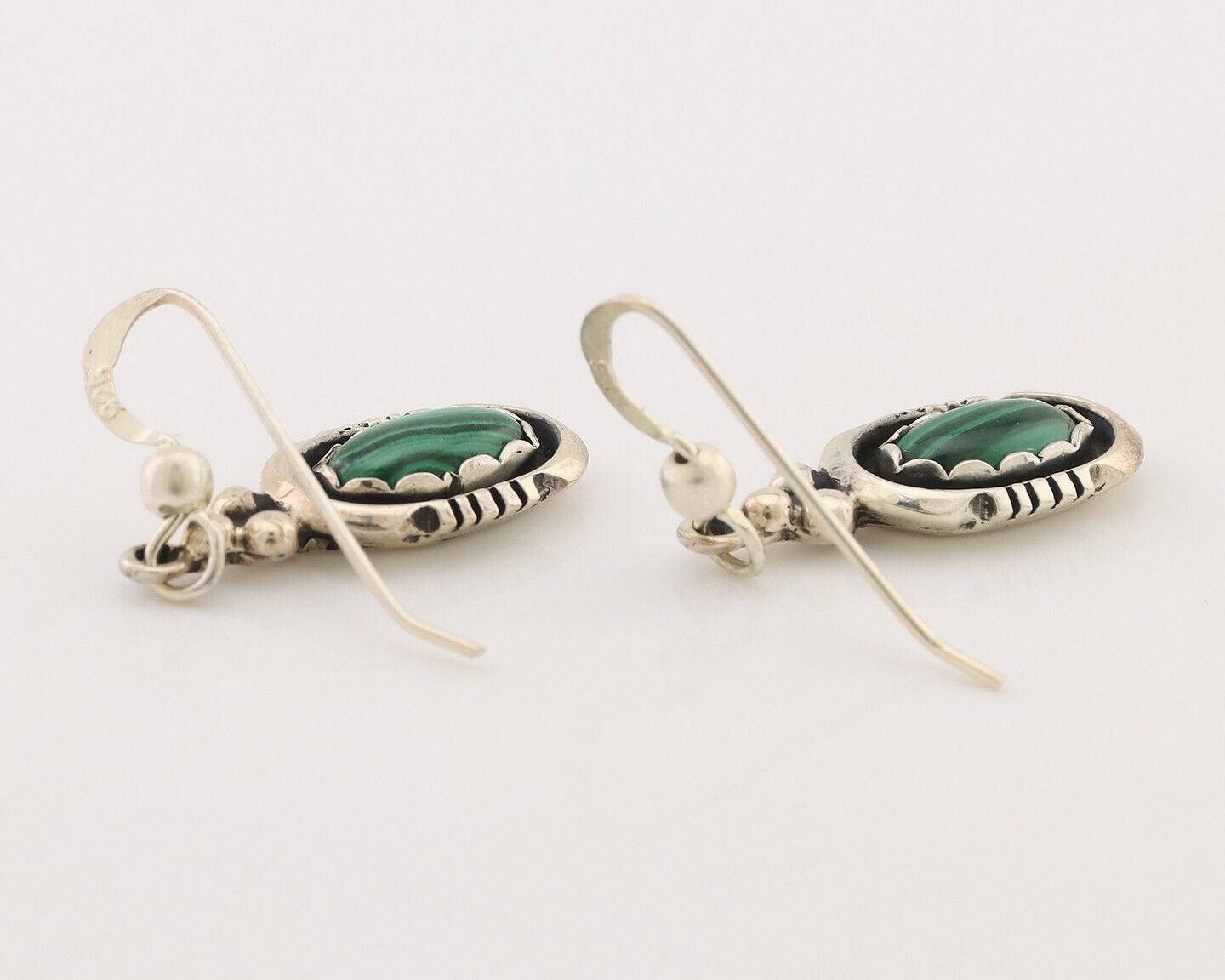 Navajo Dangle Earrings 925 Silver Natural Malachite Native American Artist C.80s