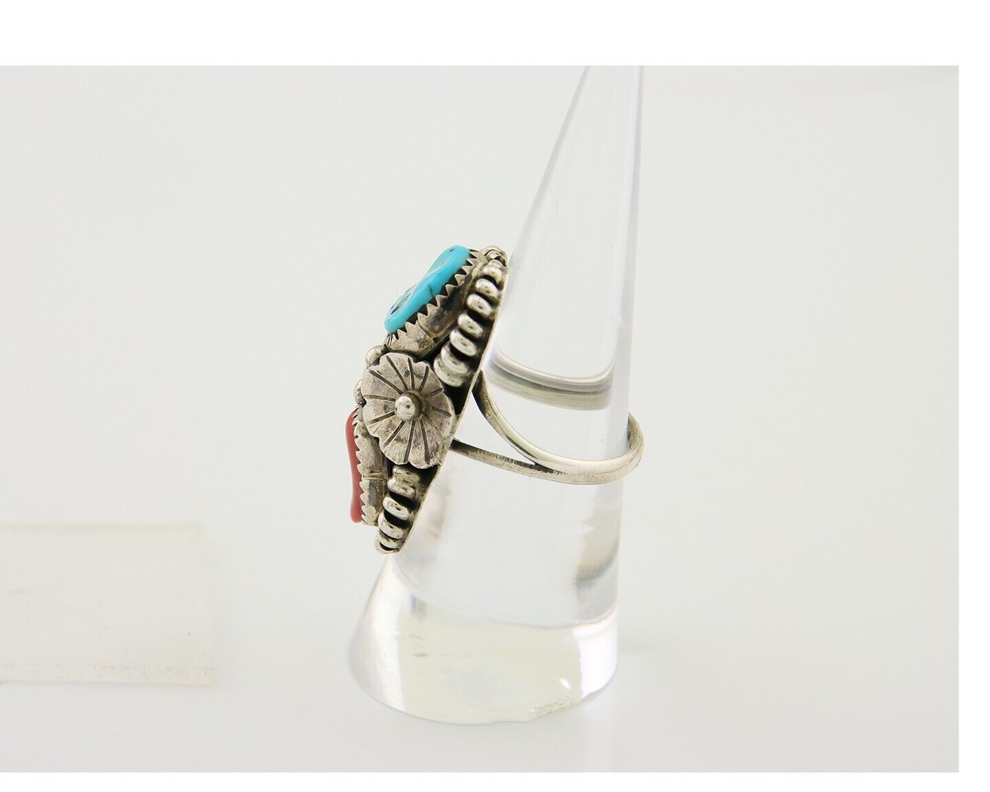 Navajo Handmade Ring 925 Silver Coral & Turquoise Native Artist C.80's