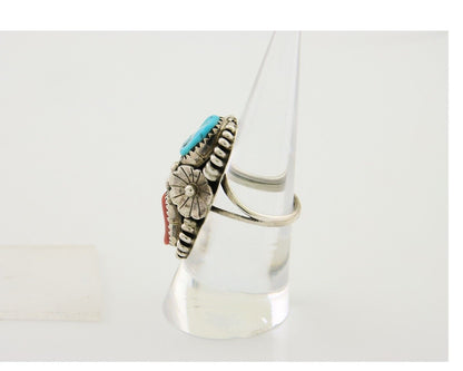 Navajo Handmade Ring 925 Silver Coral & Turquoise Native Artist C.80's