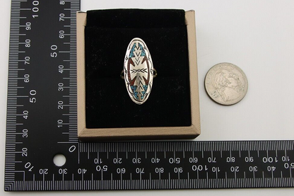 Navajo Ring 925 Silver Chip Inlay Turquoise & Coral Native Artist C.80's