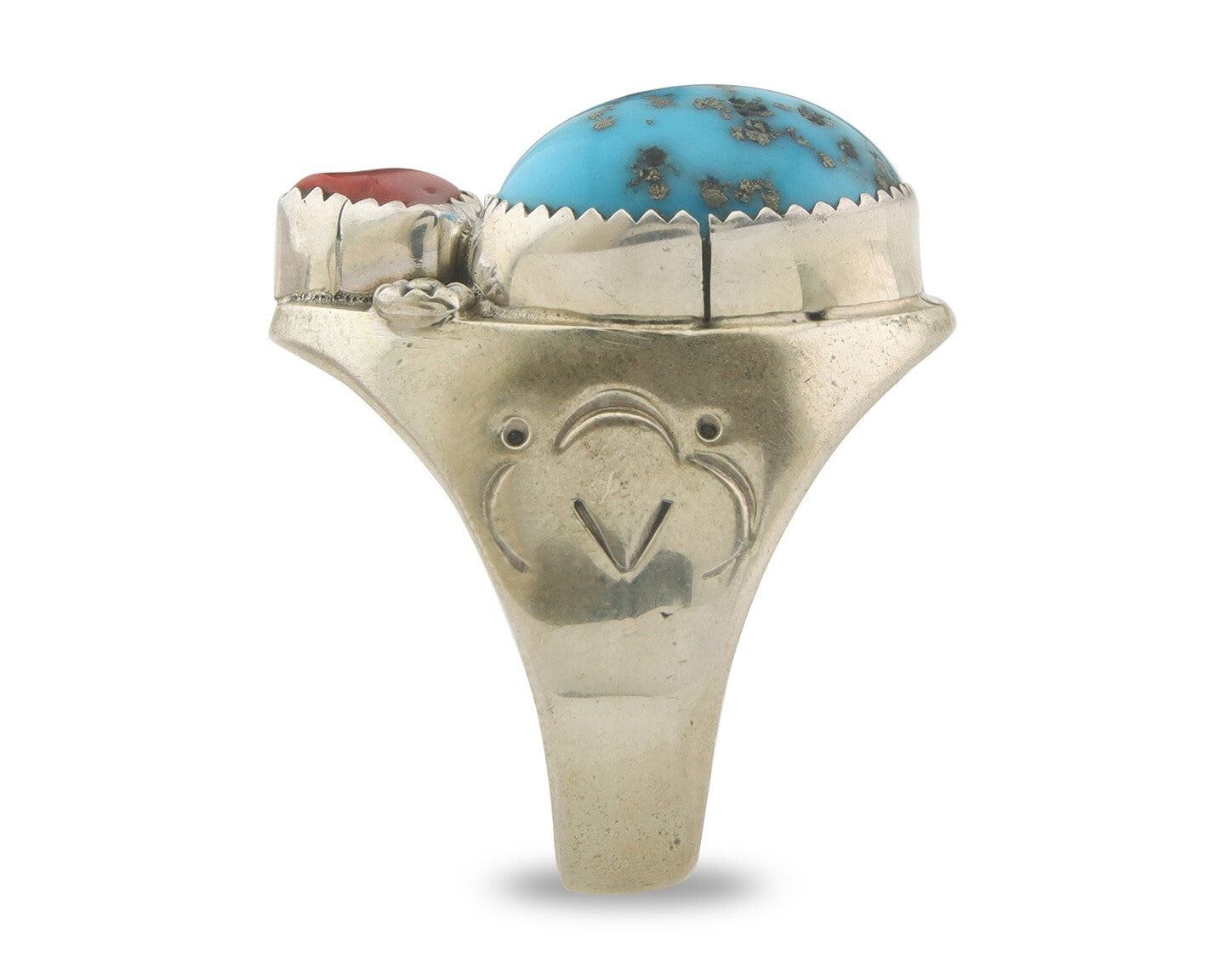 Men Heavy Navajo Ring 925 Sterling Natural Coral & Turquoise C.80's Size 12.25