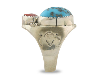 Men Heavy Navajo Ring 925 Sterling Natural Coral & Turquoise C.80's Size 12.25