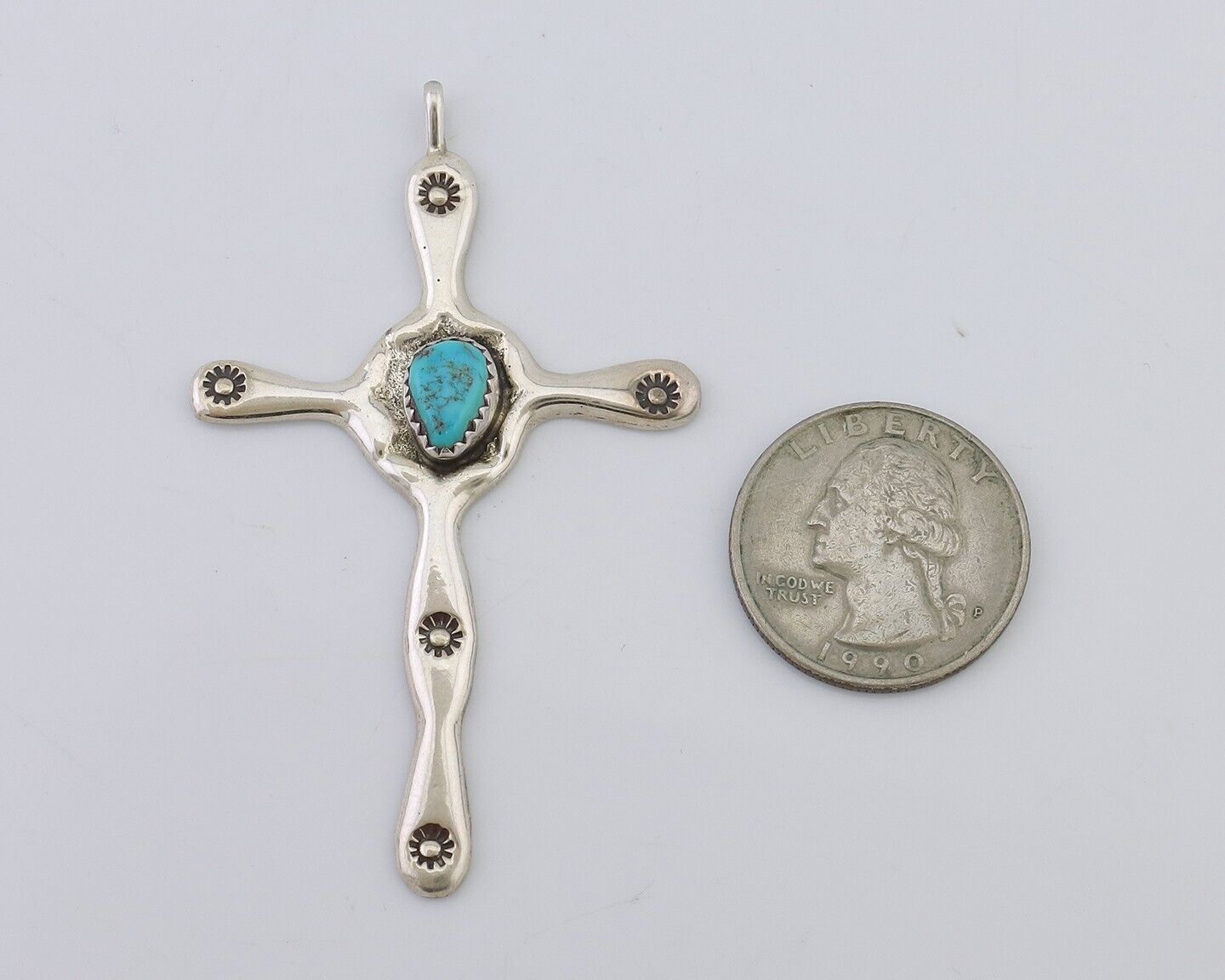 Navajo Cross Pendant 925 Silver Turquoise Hand Stamped Native American C.80's