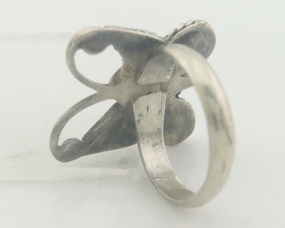 Navajo Ring 925 Silver Inlaid Butterfly Turquoise & Coral C.80's Size 4.5