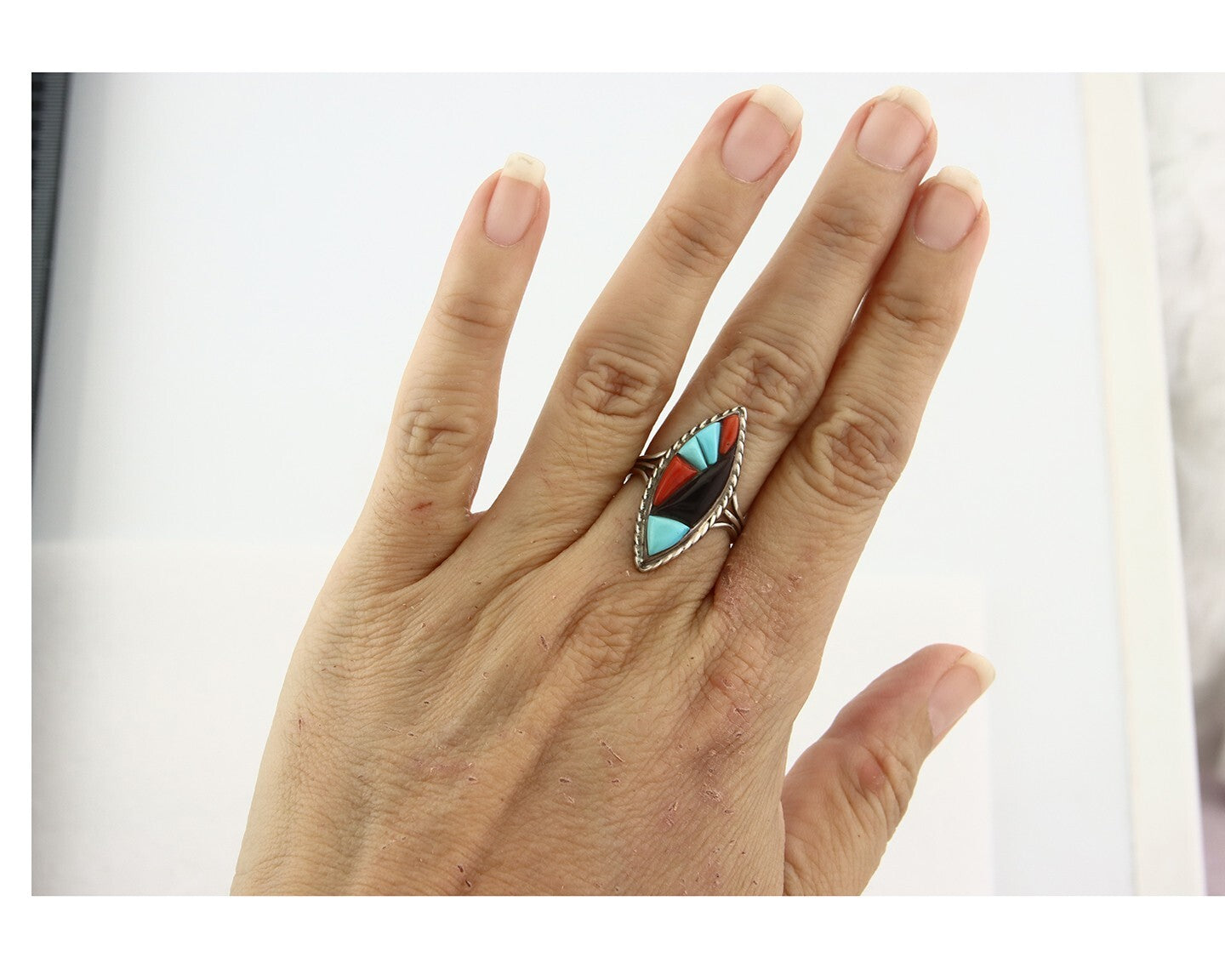 Vintage Zuni Ring 925 Sterling Silver Gemstone Signed R & GT Size 6.0