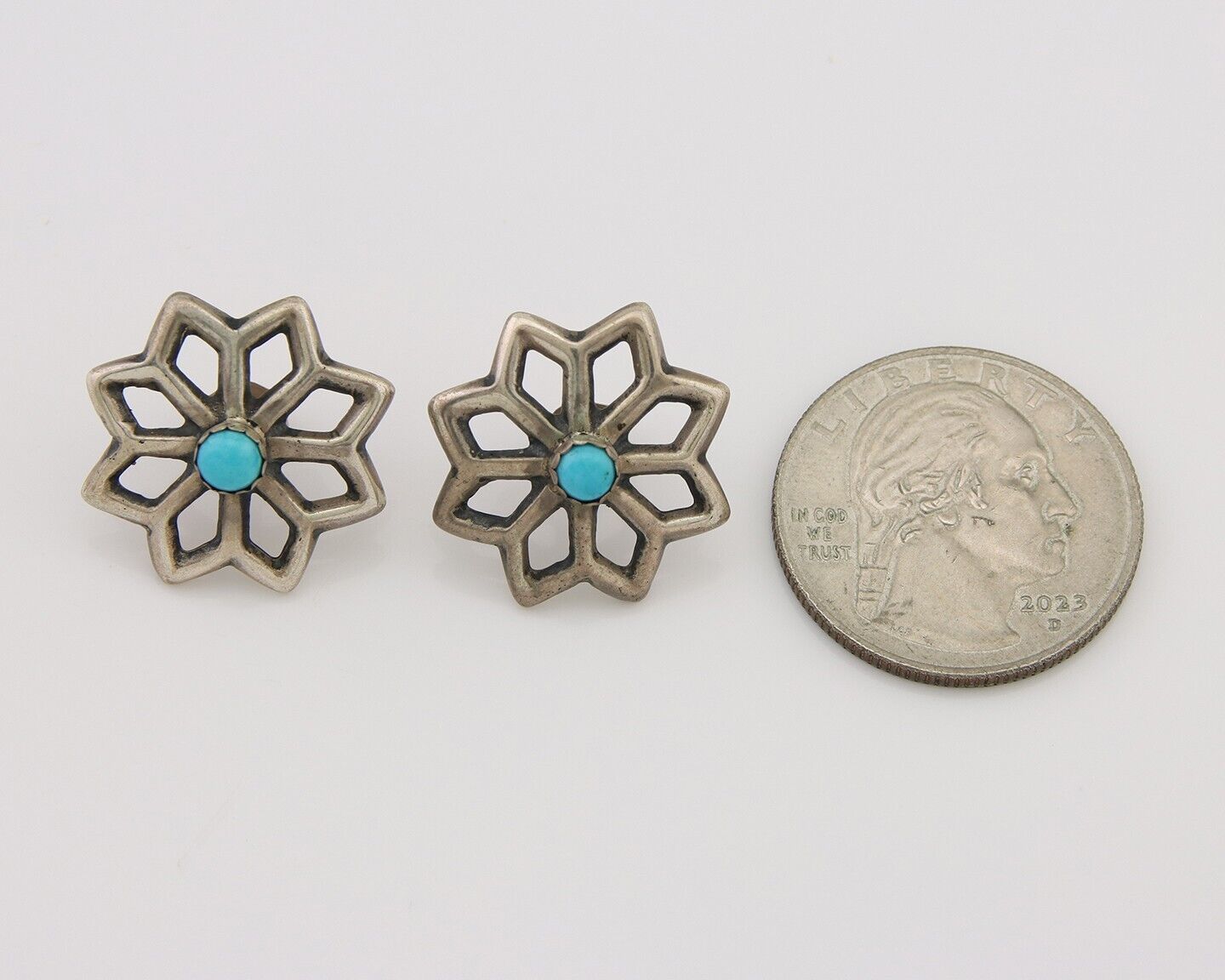 Navajo Flower Earrings 925 Silver Natural Turquoise Native Artist C.80's