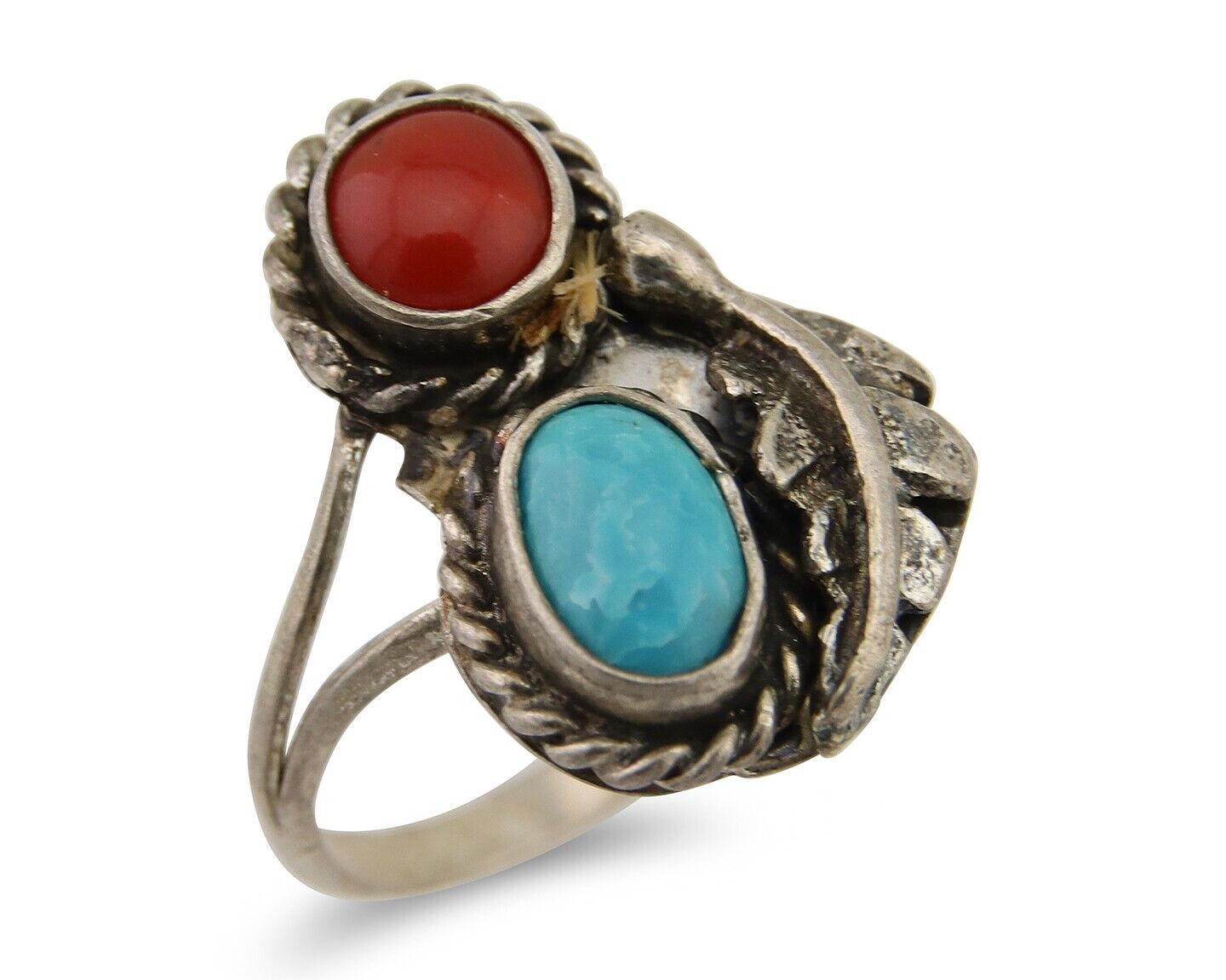 Navajo Handmade Ring 925 Silver Coral & Turquoise Native Artist C.80's
