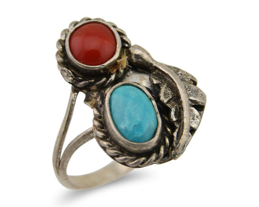 Navajo Handmade Ring 925 Silver Coral & Turquoise Native Artist C.80's