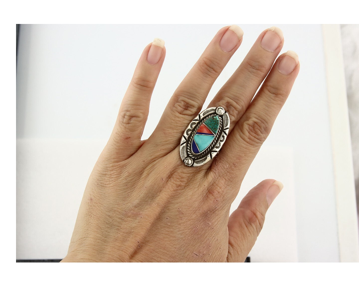Vintage Zuni Ring 925 Sterling Silver Gemstone Signed V&N Edsitty Size 7.75