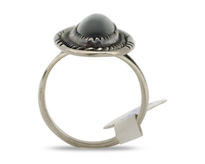 Navajo Ring 925 Silver Onyx Hand Stamped Native American Artist C.80's