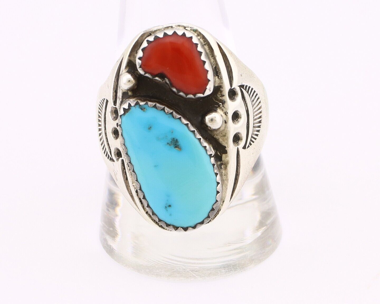 Navajo Ring 925 Silver Sleeping Beauty Turquoise & Coral Native Artist C.80s