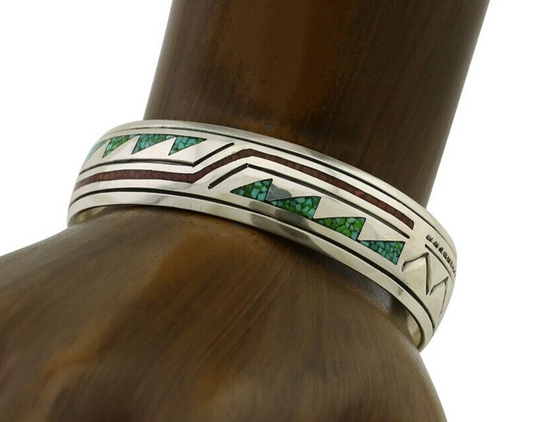 Navajo Inlay Bracelet 925 Silver Turquoise & Coral Signed Stanely Bain C.80's