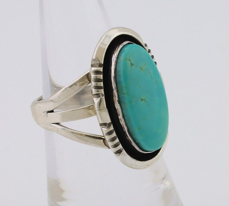 Navajo Hand Stamped Ring 925 Silver Natural Turquoise Native Artist C.80's