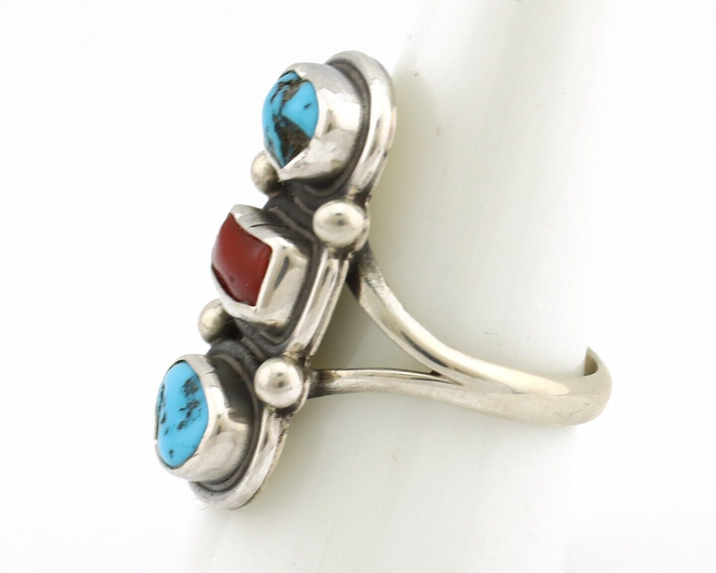 Navajo Ring 925 Silver Sleeping B Turquoise & Coral Native American Artist C.80s