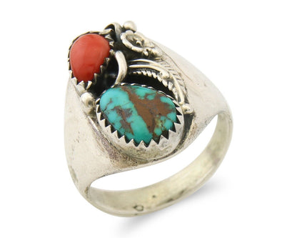 Navajo Ring 925 Sterling Turquoise & Coral Native Artist C.80's Size 8.75