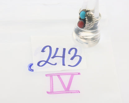 Navajo Ring 925 Sterling Natural Coral & Turquoise Signed BB C.80's Size 7.25