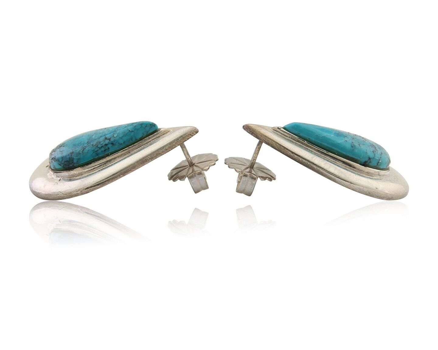 Navajo Dangle Earrings 925 Silver Natural Turquoise Signed Thomas Charay C.1988