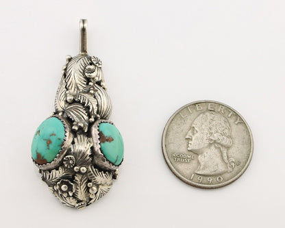 Navajo Pendant 925 Silver Natural Mined High Grade Turquoise Signed Tom Willeto