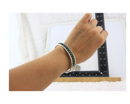 Navajo Cuff Bracelet Sterling Silver Natural Malachite Vintage Signed CC?