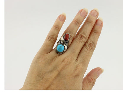 Navajo Ring 925 Silver Blue Turquiose & Coral Artist Signed Justin Morris C.80's