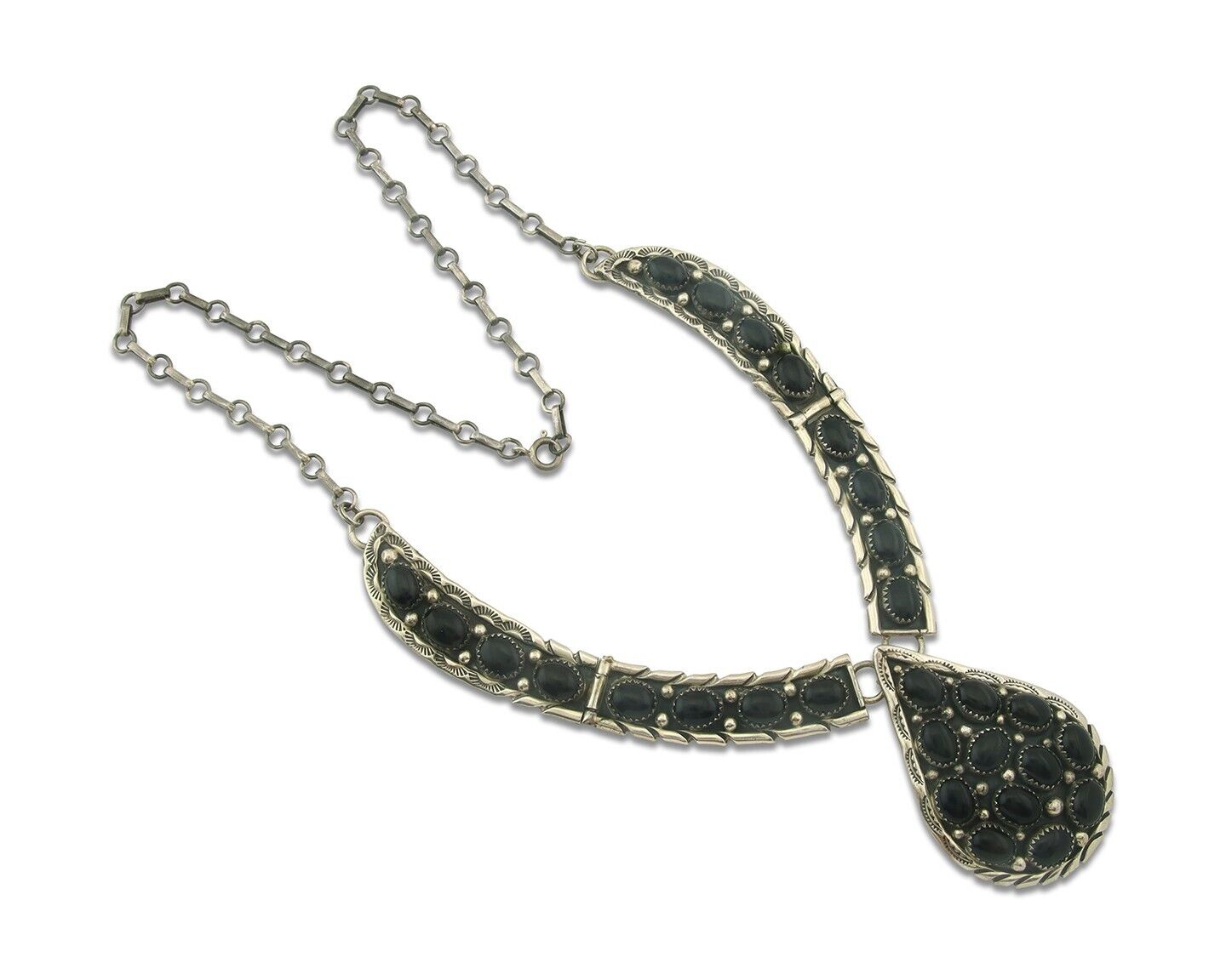 Vintage Navajo Necklace 925 Silver Natural Onyx Artist Signed Ella Cowboy