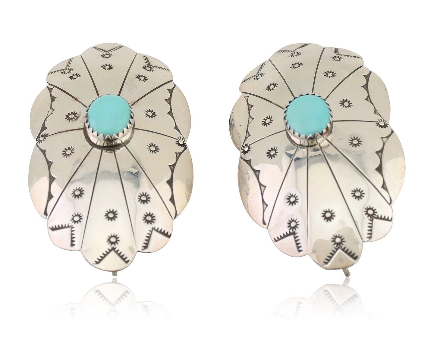 Navajo Hand Stamped Shield Earrings 925 Silver Turquoise Native Artist C.80's