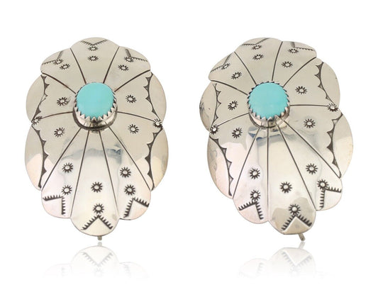 Navajo Hand Stamped Shield Earrings 925 Silver Turquoise Native Artist C.80's