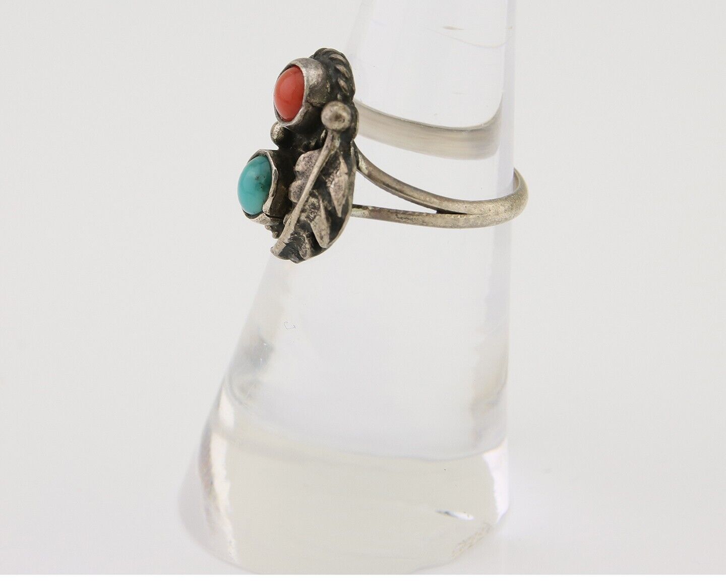 Navajo Handmade Ring 925 Silver Coral & Turquoise Native Artist C.80's