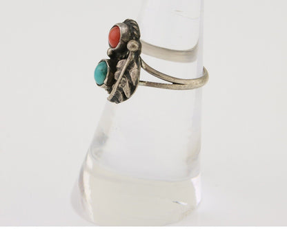 Navajo Handmade Ring 925 Silver Coral & Turquoise Native Artist C.80's