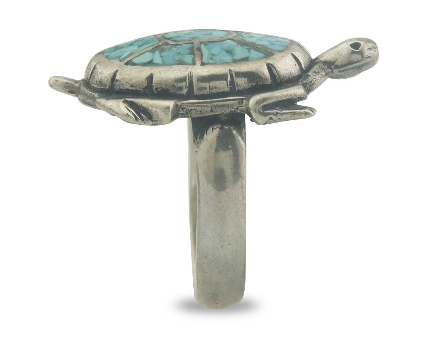 Navajo Ring 925 Silver Inlaid Turtle Turquoise C.80's Size 7.75