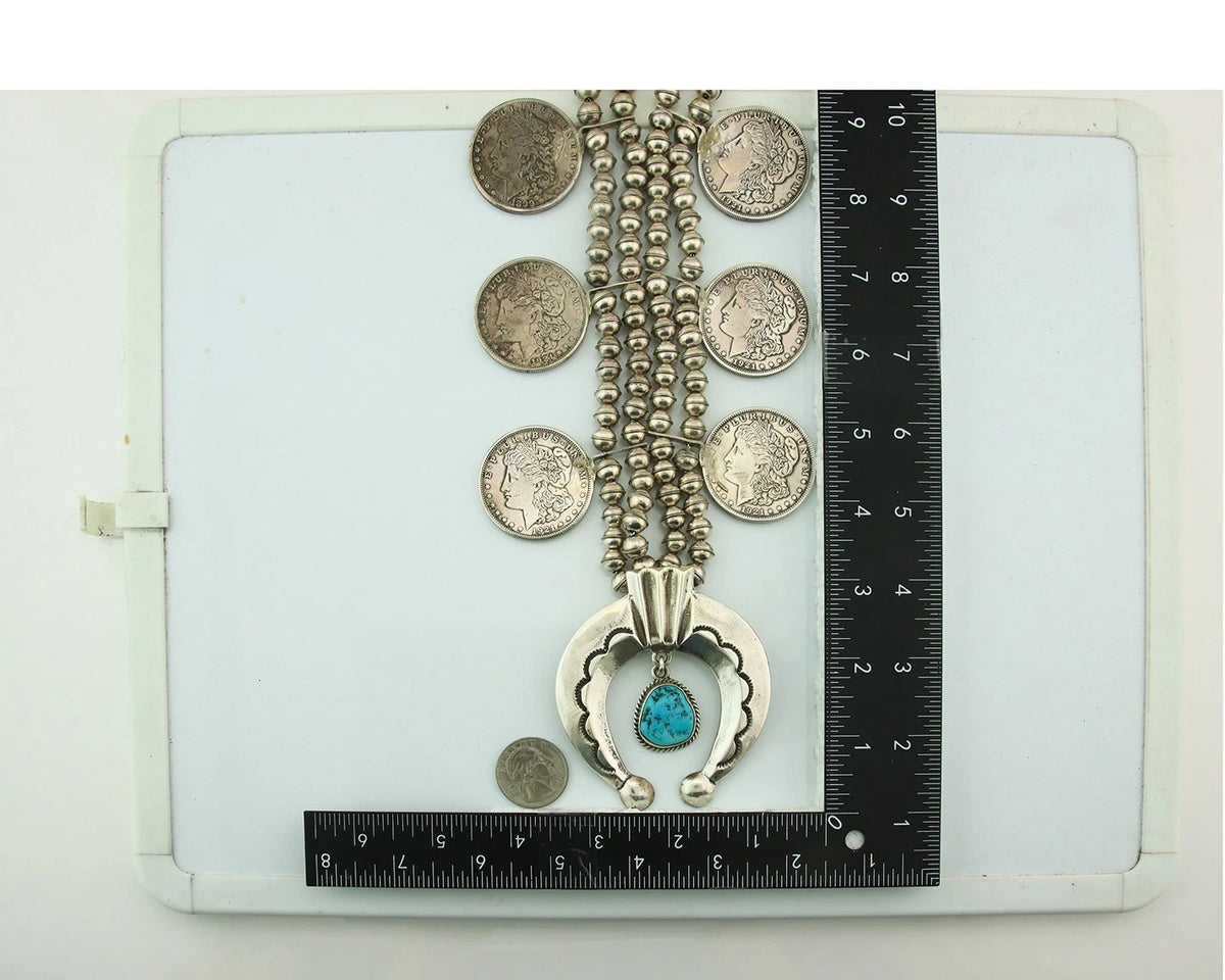 Navajo Morgan Dollar Necklace Turquoise Hand Stamped Vintage Signed M Montoya