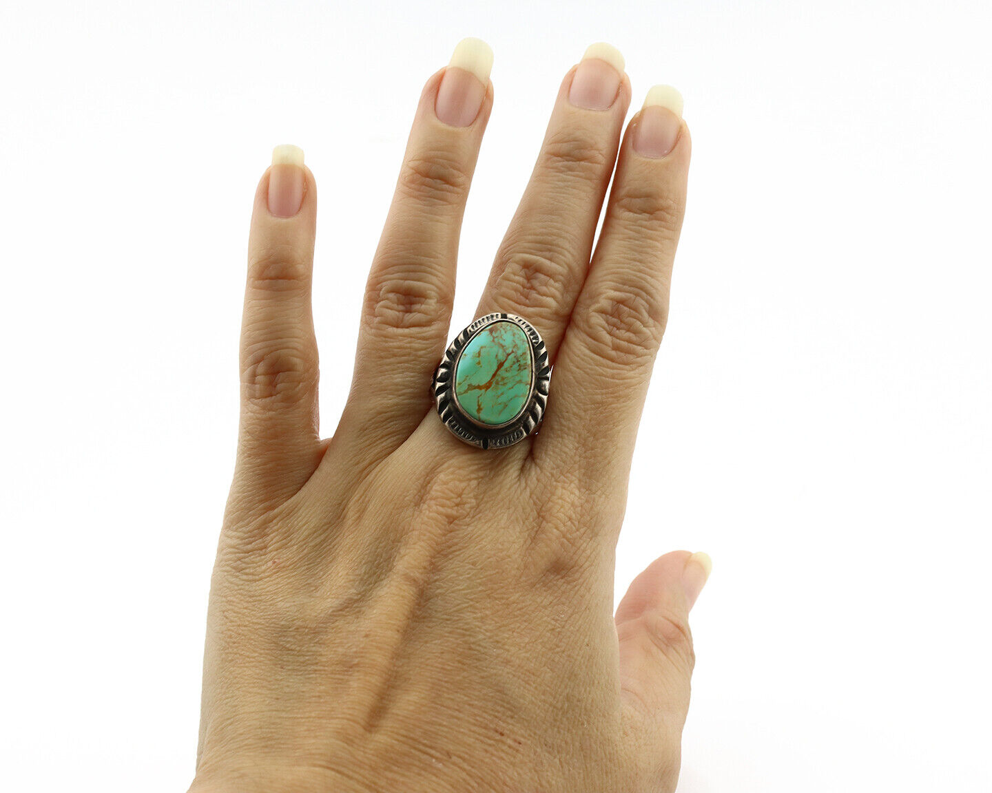 Navajo Ring .925 Silver Kingman Turquoise Artist Signed Gecko C.1980's