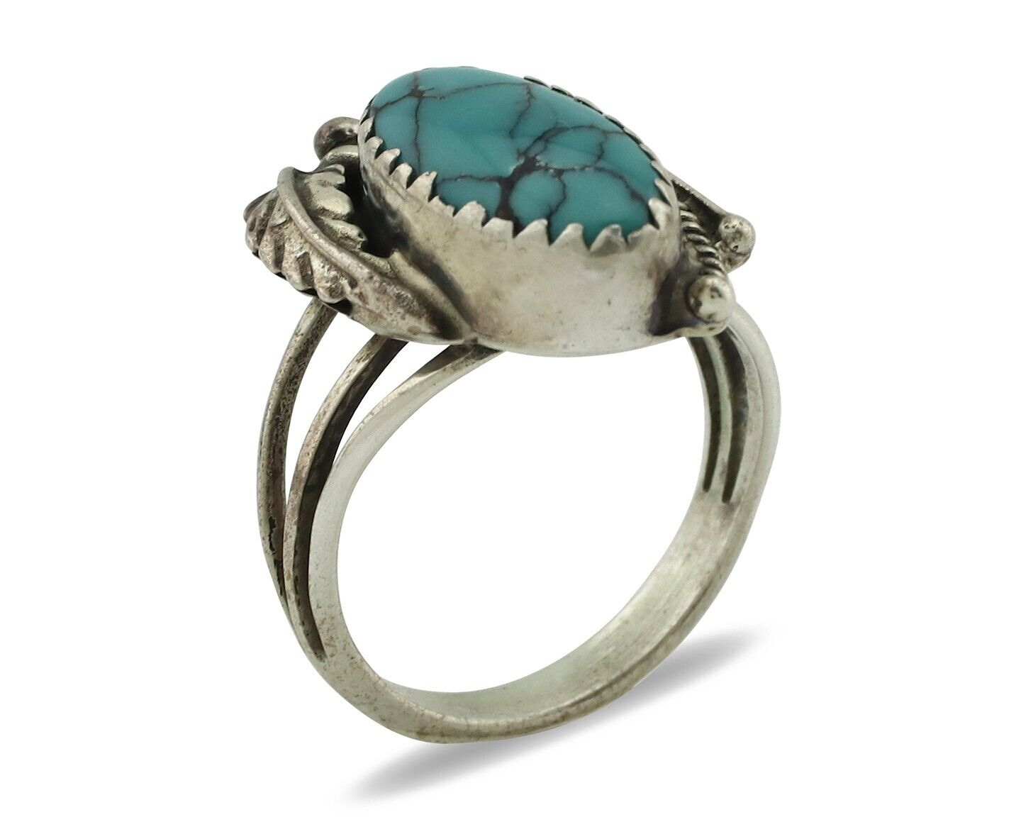 Navajo Ring 925 Silver Spiderweb Turquoise Artist Signed Prairie Fire C.80's