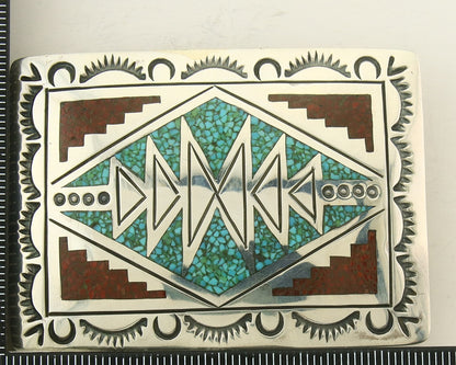Vintage Navajo Belt Buckle 925 Silver Inlaid Gemstone Signed Stanley Bain C.80's