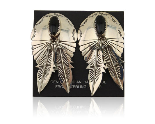 Navajo Handmade Earrings 925 Silver Onyx Native American Artist C.80's