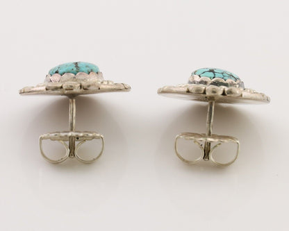 Navajo Earrings 925 Silver Spiderweb Mined Turquoise Artist Signed NE C.80's
