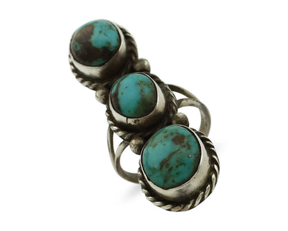 Navajo 3 Stone Ring 925 Silver Natural Kingman Turquoise Native Artist C.80's