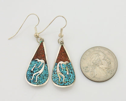 Navajo Kokopelli Earrings 999 Nickel Chip Inlay Turquoise Coral Native American