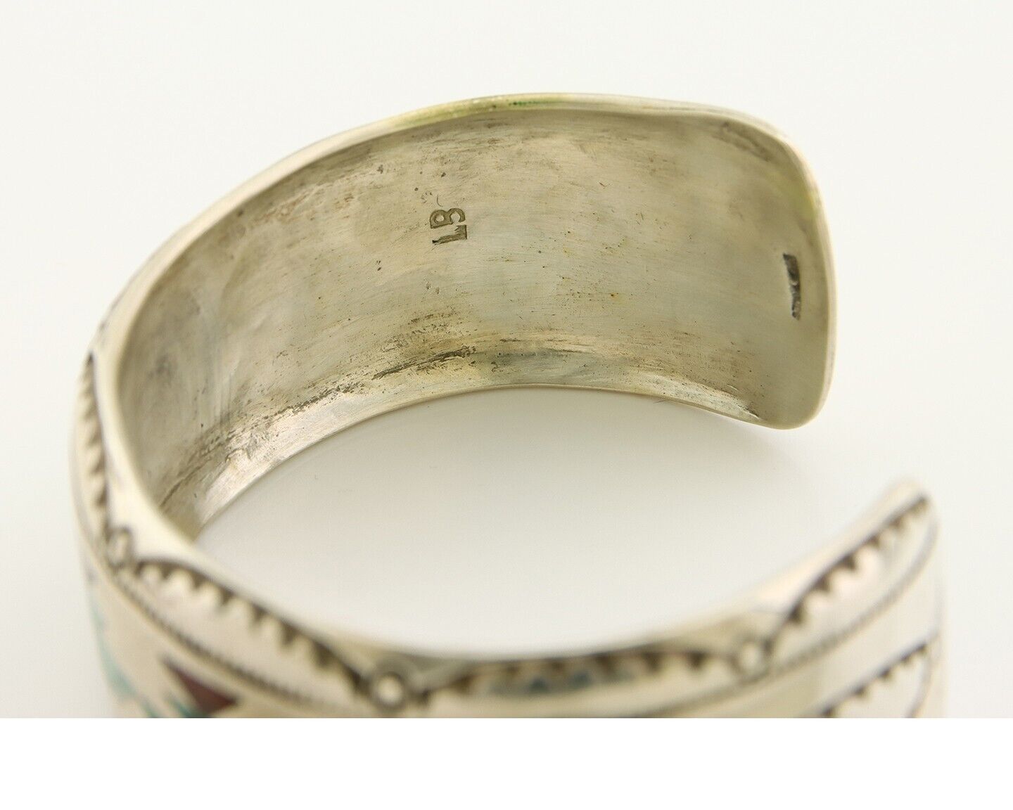 Navajo Bracelet 925 Silver Inlaid Coral & Turquoise Cuff Artist Signed LB C.80's