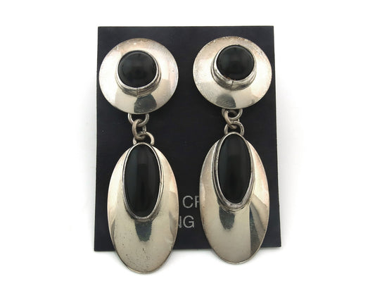 Navajo Earrings Sterling Silver Natural Onyx Dangle Vintage Handmade