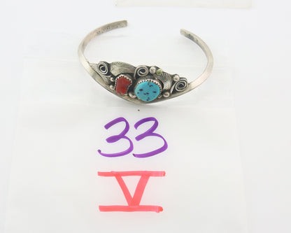 Navajo Bracelet 925 Silver Coral & Turquoise Cuff Signed Justin Morris C.80's