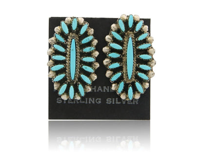 Zuni Concho Earrings 925 Silver Natural Turquoise Artist Signed LP C.80's