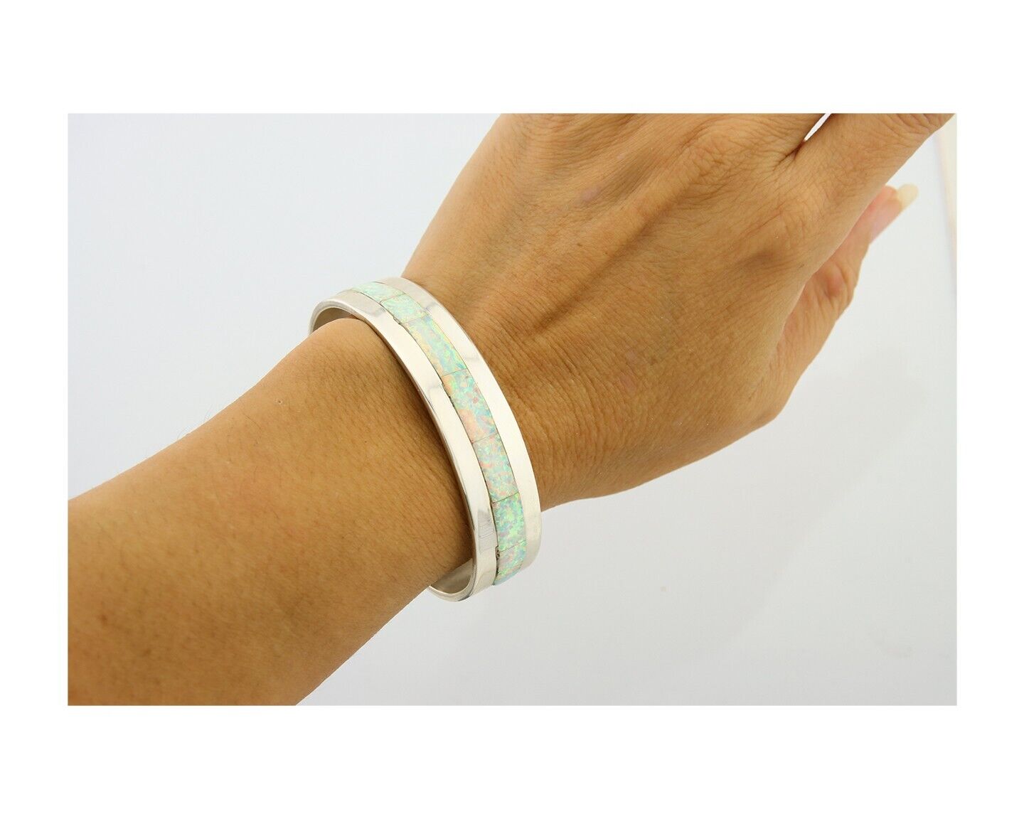 Navajo Bracelet 925 Silver Opal Cuff Artist Signed DD C.80's