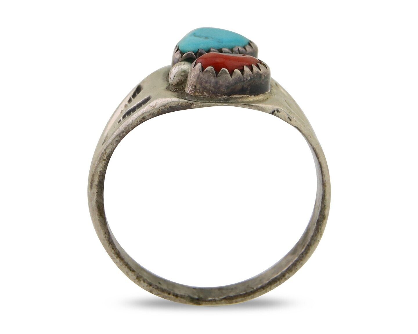 Navajo Handmade Ring 925 Silver Turquoise & Coral Native Artist C.80's