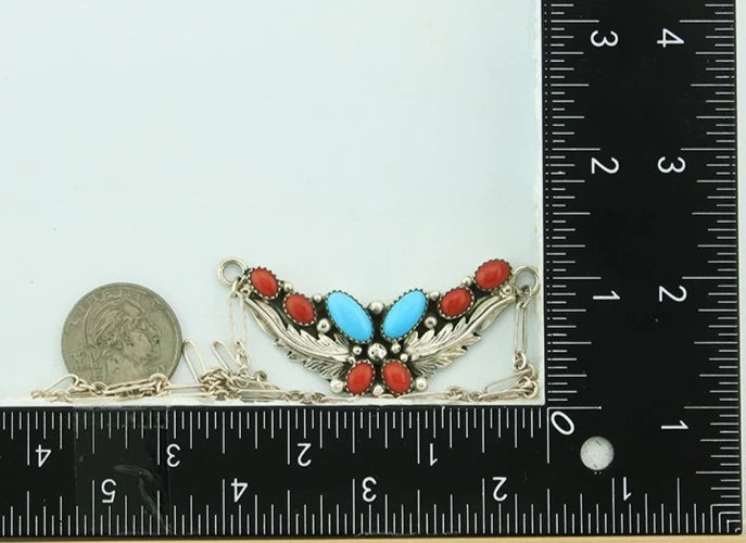 Navajo Necklace Earring Set 925 Sterling Silver Turquoise & Coral Signed RB