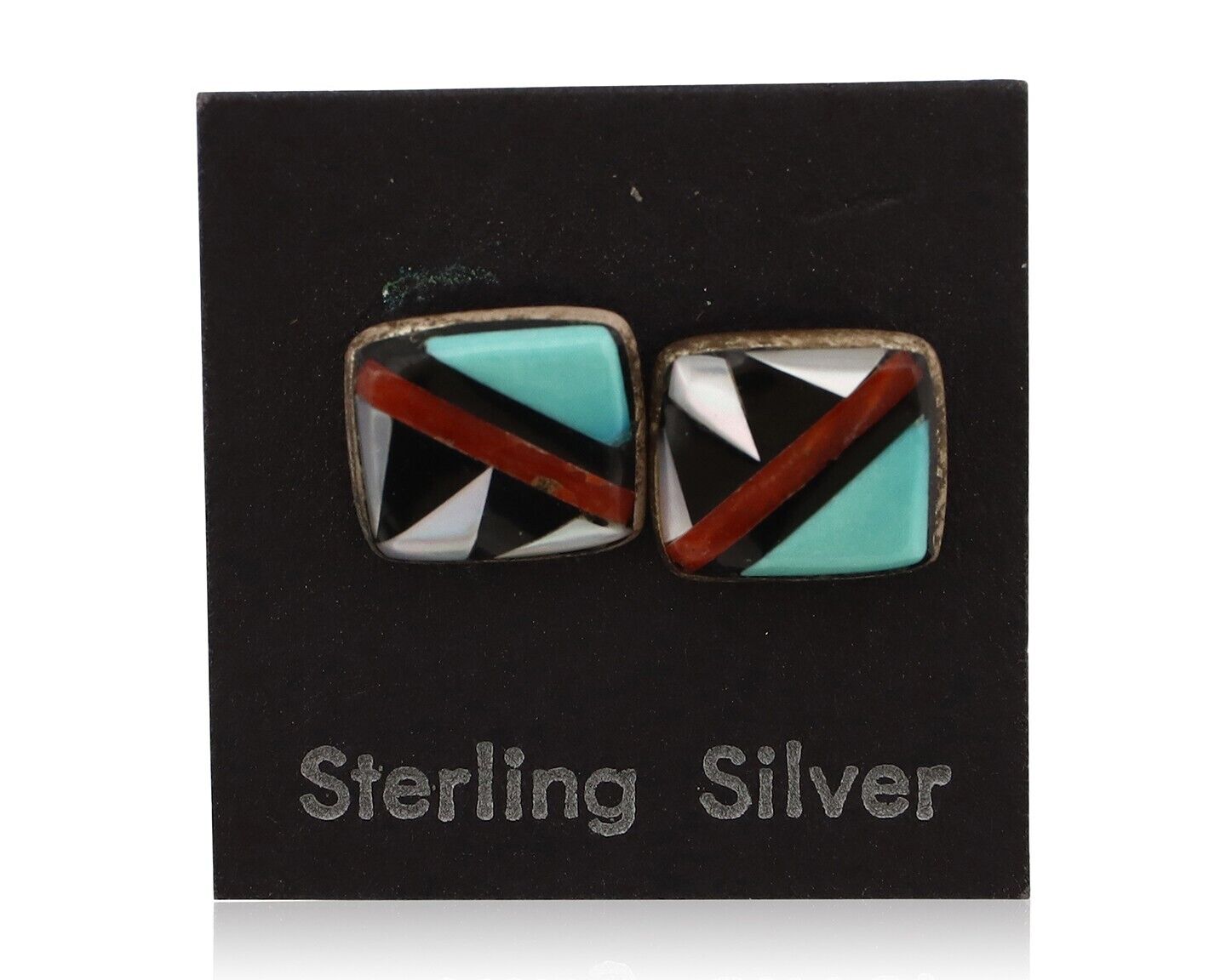 Zuni Earrings 925 Silver Natural Gemstones & Turquoise Native Artist C.80's