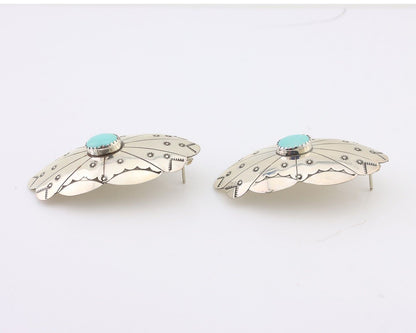 Navajo Hand Stamped Shield Earrings 925 Silver Turquoise Native Artist C.80's