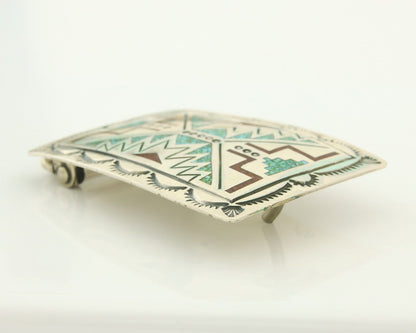 Vintage Navajo Belt Buckle 925 Silver Handmade Inlaid Gemstone Stanely Bain