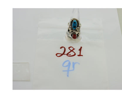 Navajo Handmade Ring 925 Silver Coral & Turquoise Signed Circle Max C.80's